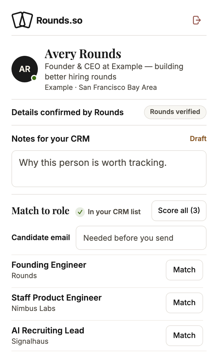 Popup showing Avery Rounds in the CRM list with three roles ready to match and a Score all button.