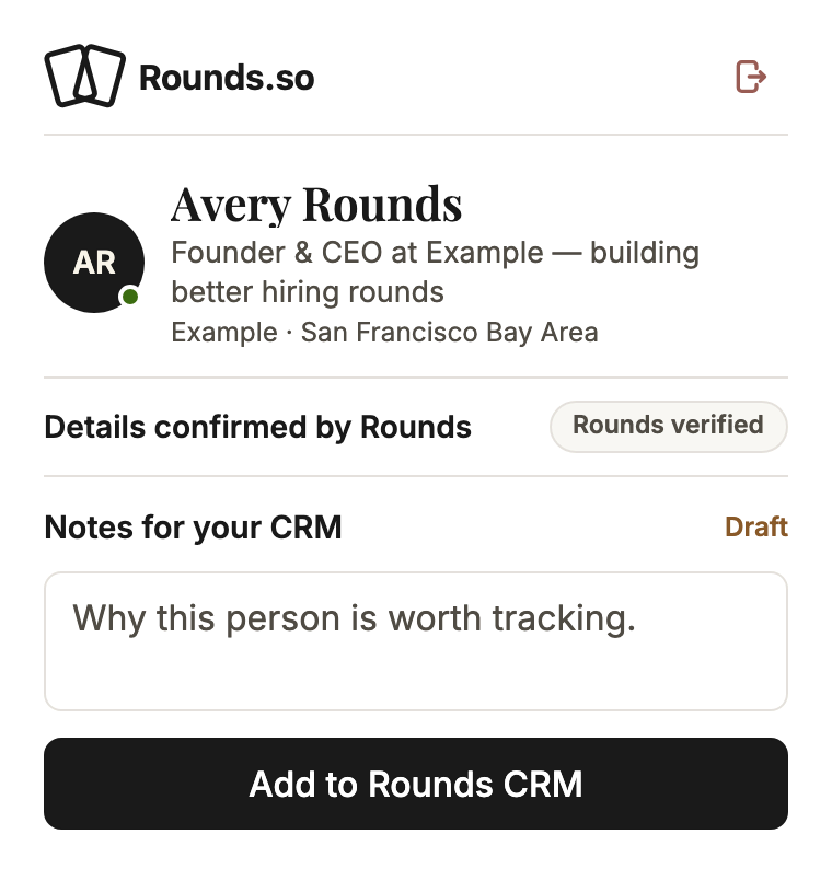 Popup showing a verified profile for Avery Rounds with a notes field and an Add to Rounds CRM button.