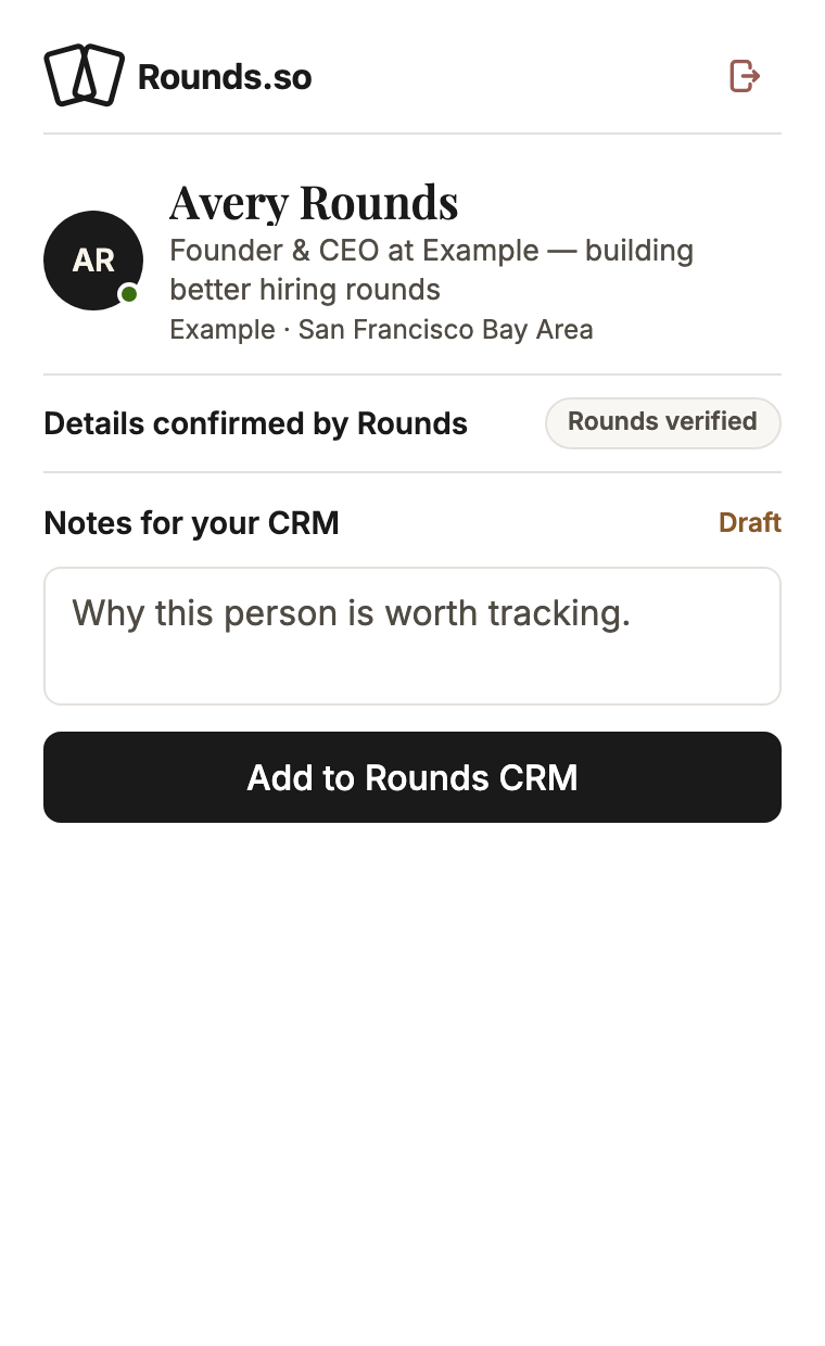 Popup showing a verified profile for Avery Rounds with a notes field and an Add to Rounds CRM button.