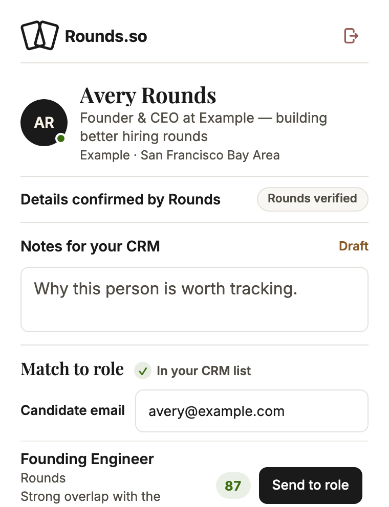 Popup showing a match score of 87 for Founding Engineer with reasoning and a Send to role button.