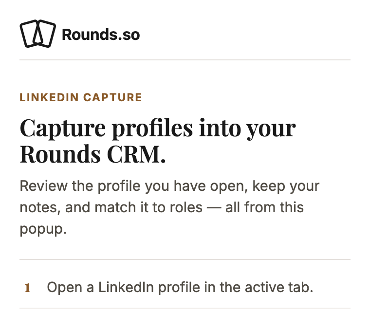 Extension popup welcome screen showing “Viewing Avery Rounds — ready to capture.”